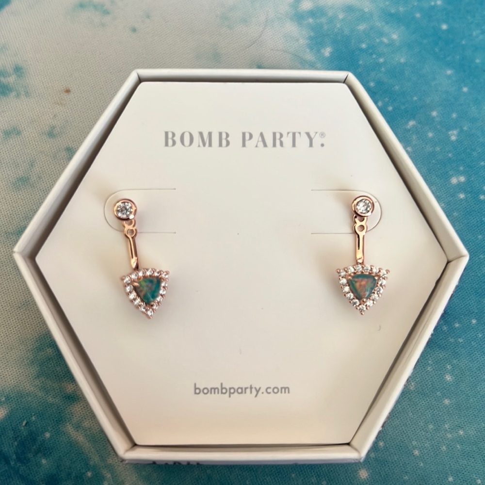 Bomb Party October Opal Earrings Teal Fire Opal Rose Gold Plating